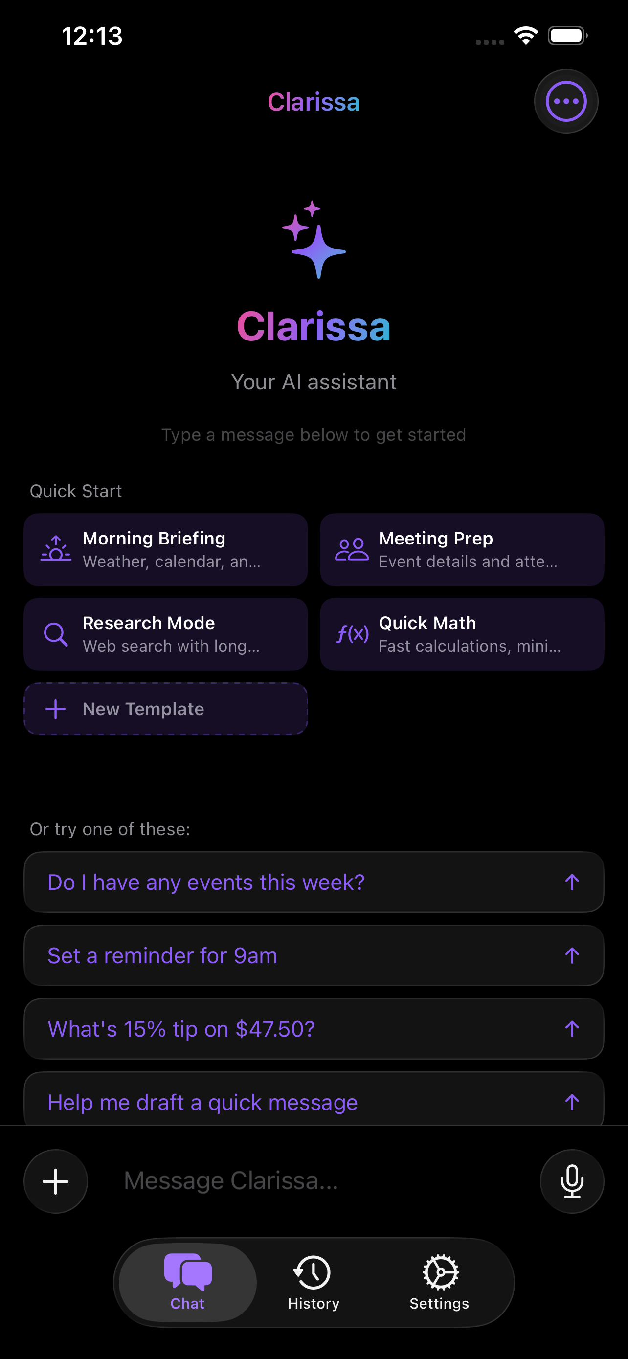 Clarissa welcome screen on iPhone
